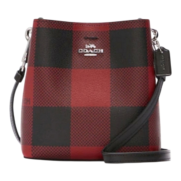 COACH MINI TOWN BUCKET BAG WITH RED & BLACK BUFFALO PLAID PRINT - Picture 1 of 8